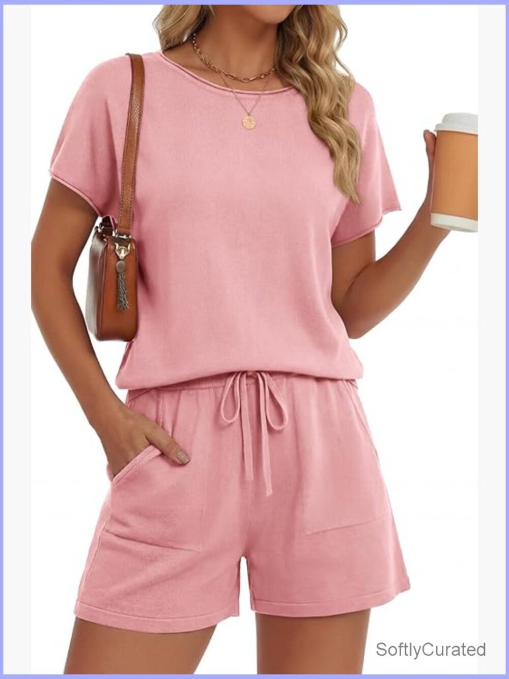 Two Piece Lounge Set Short Sleeve Top & Shorts Knit Travel Outfit